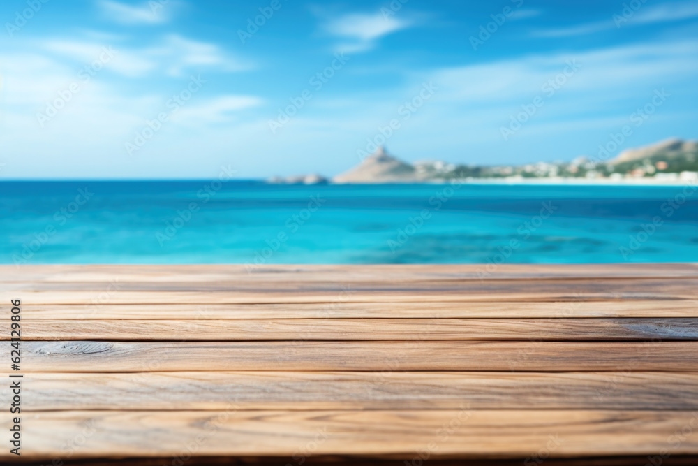 Empty wooden table over blue sea island and blue sky background. For product display. High quality photo