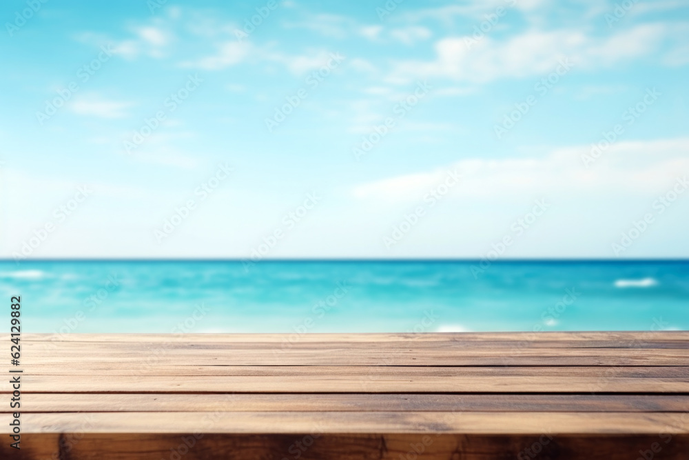 Wood table top on blur seascape background - can be used for display or montage your products. High quality photo Wood table top on blur seascape background - can be used for display or montage your products. High quality photo