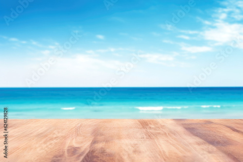 Wooden table top on blur seascape background - can be used for display or montage your products. High quality photo