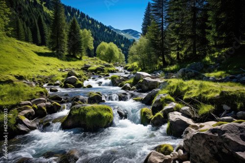 Mountain stream with fast water in summer time in Kazakhstan