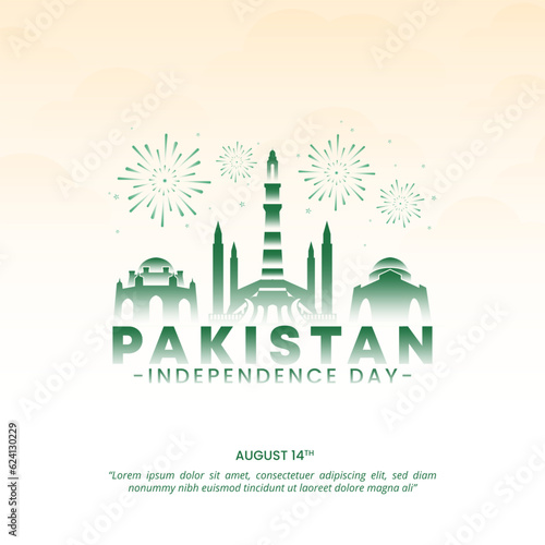 Square Pakistan Independence Day background with a silhouette of buildings and fireworks
