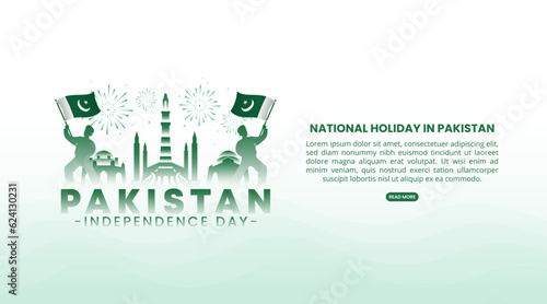 Pakistan Independence Day background with a silhouette of a man holding a flag and buildings