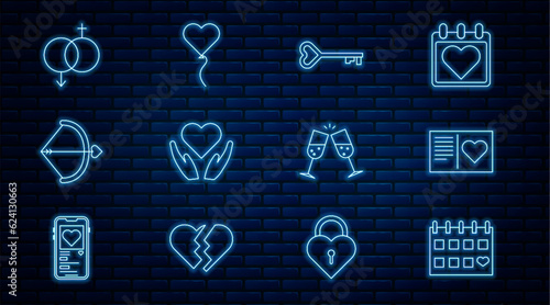Set line Calendar with heart, Valentines day flyer, Key shape, Heart hand, Bow arrow, Gender, Glass of champagne and Balloon form icon. Vector