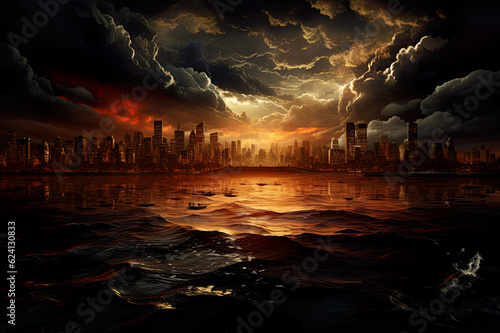 Storm over city with skyscrapers, towers and tall building. City skyline under stormy clouds on sunset with reflection in water photo