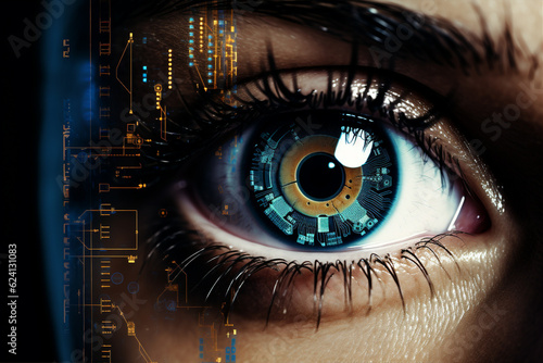 Foto Futuristic woman eye display cyberspace concept science background technology hu