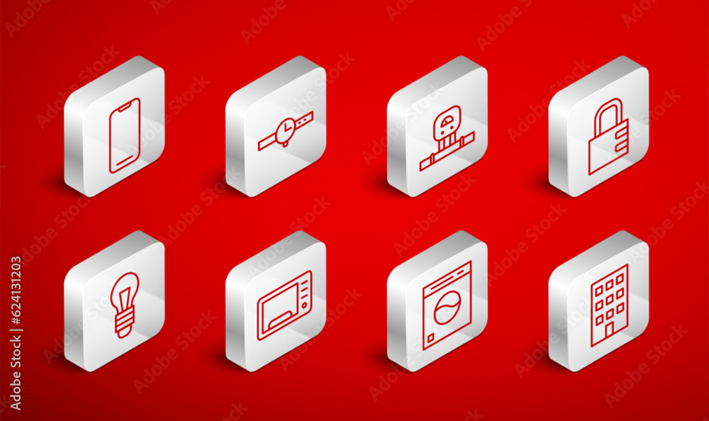 Set line House, Wrist watch, Smart sensor, Safe combination lock, Washer, Smartphone, Microwave oven and Light bulb icon. Vector Set line House, Wrist watch, Smart sensor, Safe combination lock, Washer, Smartphone, Microwave oven and Light bulb icon. Vector