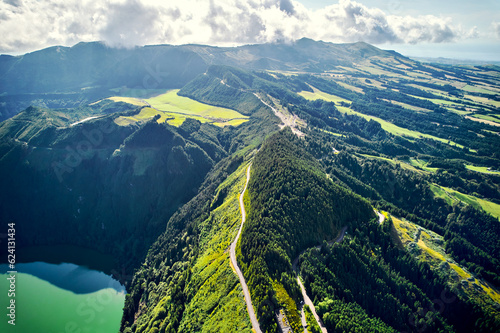 Aerial shot picturesque paradise of Sete Cidades in Azores