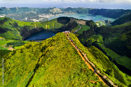 Aerial shot volcanic crater lake Sete Cidades in Azores Island photo
