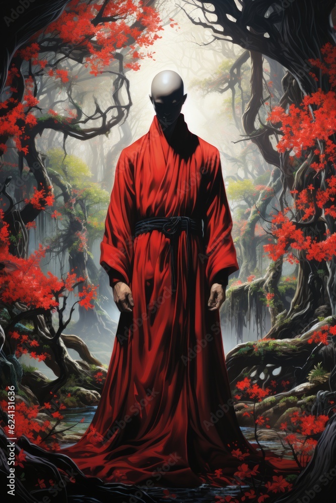 Fototapeta premium A man in a red robe standing in a forest. Generative AI.