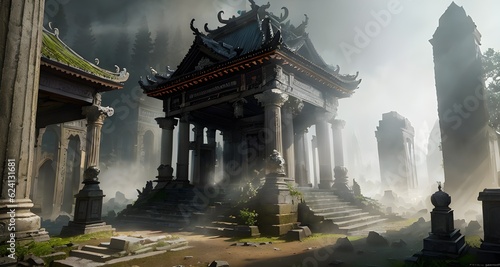ruins of a buddhist temple  temple in ruines  forest  cinematic epic   rule of thirds octane render  Generative AI  Generative  AI