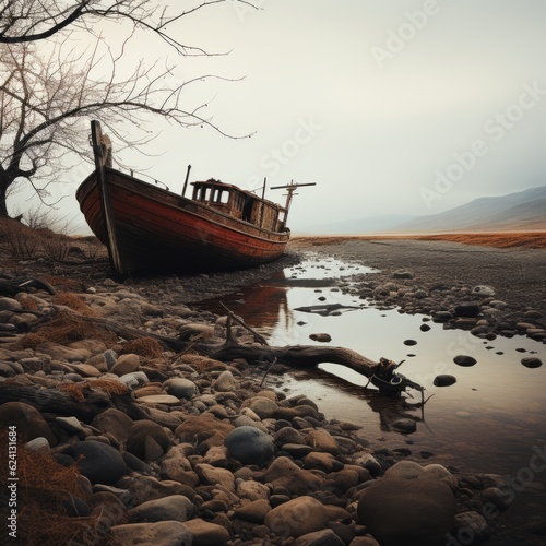 An abandoned old stranded broken wooden shipwrecks fishing boat on a dried up river.