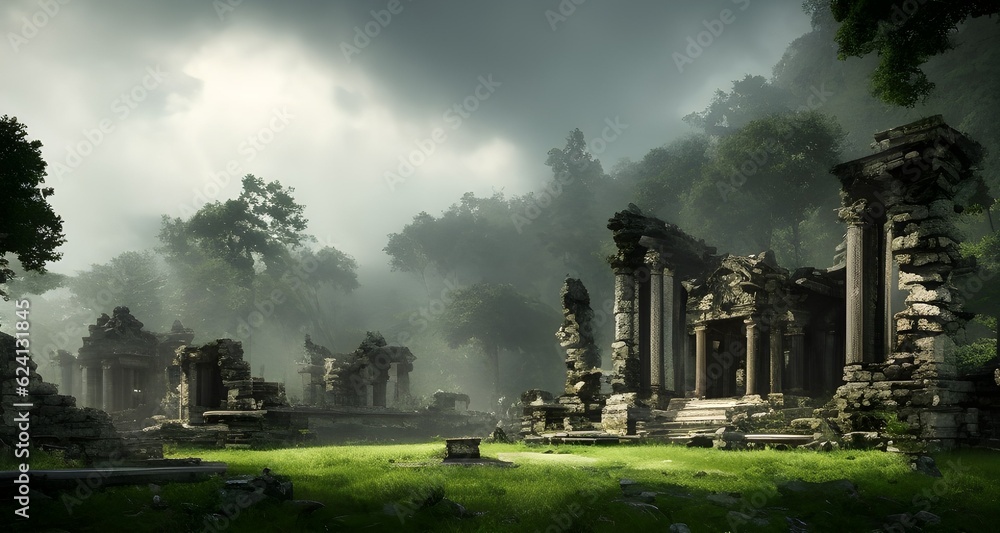 ruins of a buddhist temple, temple in ruines, forest, cinematic epic + rule of thirds octane render, Generative AI, Generative, AI - obrazy, fototapety, plakaty 