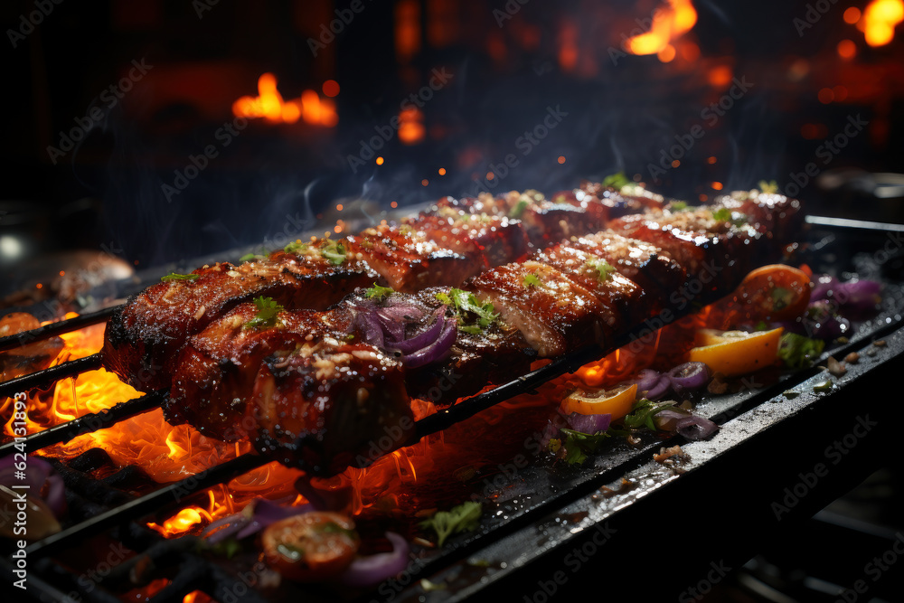 Grilled beef steak with vegetables, barbecue with fire and smoke, AI Generated Grilled beef steak with vegetables, barbecue with fire and smoke, AI Generated