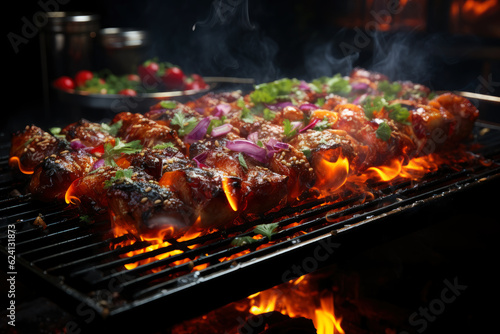 Grilled beef steak with vegetables, barbecue with fire and smoke, AI Generated