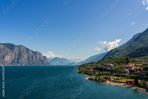 Panoramic view of Lake Garda from Malcesine old town in Italy.