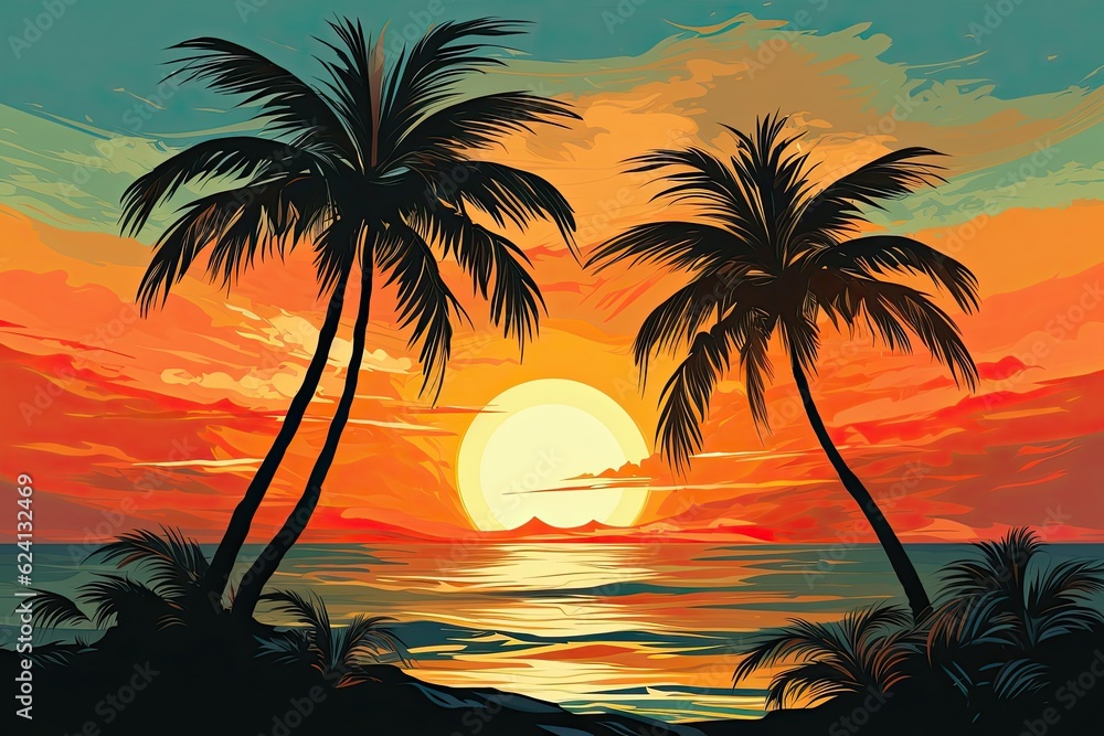 The sky holds a beautiful sunset over palm trees and the ocean. (Generative AI)
