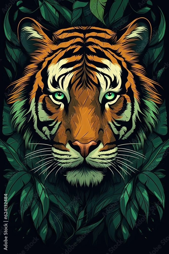 A tiger's face zoomed in with green leaf background. (Generative AI)
