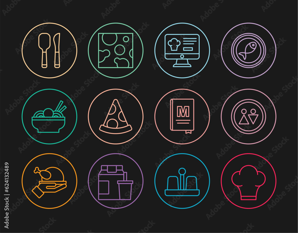 Set line Chef hat, Toilet, Online ordering and delivery, Slice of pizza, Asian noodles bowl, Knife spoon, Restaurant cafe menu and Cheese icon. Vector Set line Chef hat, Toilet, Online ordering and delivery, Slice of pizza, Asian noodles bowl, Knife spoon, Restaurant cafe menu and Cheese icon. Vector