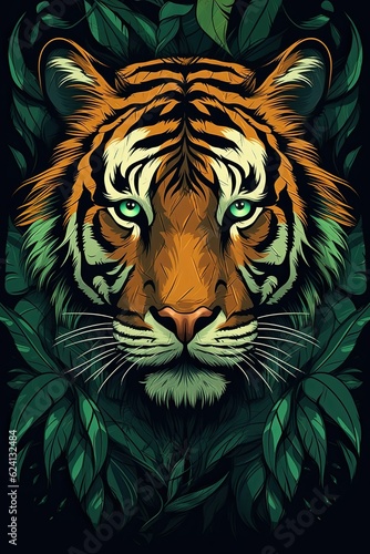 A tiger s face zoomed in with green leaf background.  Generative AI 