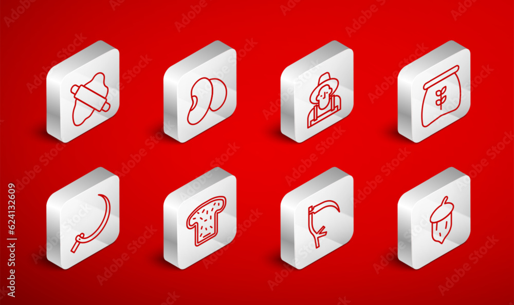 Set line Acorn, oak nut, seed, Beans, Farmer in the hat, Bag of flour, Scythe, Rolling pin on dough, Bread toast and Sickle icon. Vector Set line Acorn, oak nut, seed, Beans, Farmer in the hat, Bag of flour, Scythe, Rolling pin on dough, Bread toast and Sickle icon. Vector
