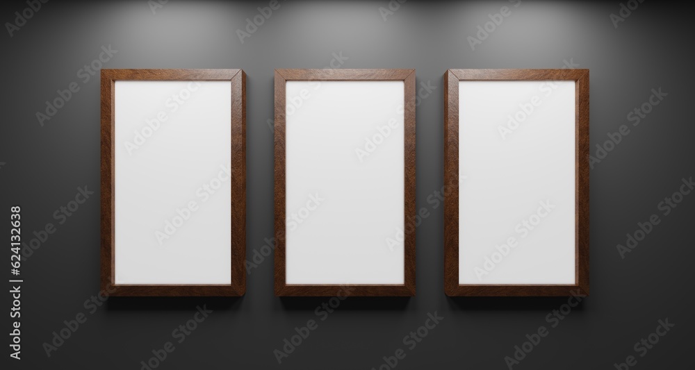 Three wooden rectangle frames isolated on black background. 3D render. 3D illustration. Three wooden rectangle frames isolated on black background. 3D render. 3D illustration.
