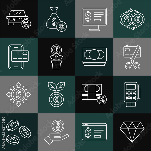 Set line Diamond, POS terminal with credit card, Scissors cutting, Monitor dollar, Dollar plant, Mobile banking, Car leasing percent and Stacks paper money cash icon. Vector