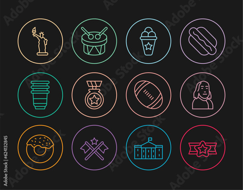 Set line Star American military, Benjamin Franklin, Ice cream waffle cone, Medal with star, Paper glass, Statue of Liberty, Football ball and Drum and drum sticks icon. Vector