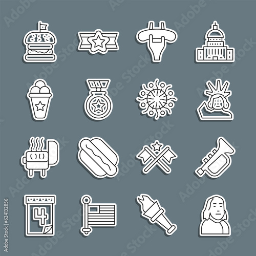 Set line Benjamin Franklin, Trumpet, Statue of Liberty, Sausage on the fork, Medal with star, Ice cream waffle cone, Burger and Firework icon. Vector