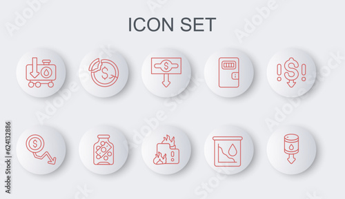 Set line Drop in crude oil price, Dollar rate decrease, Glass money jar with coin and Fire burning house icon. Vector