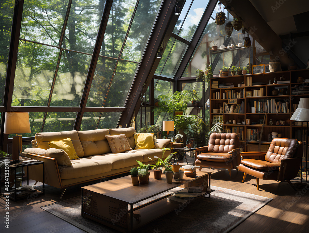 Fototapeta premium cozy interior of a country house with a view of the forest, AI Generation