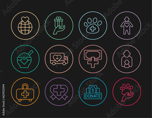 Set line Animal volunteer, Taking care of children, Veterinary clinic, Humanitarian truck, Donation food, Hand holding Earth globe, charity and Give gift icon. Vector