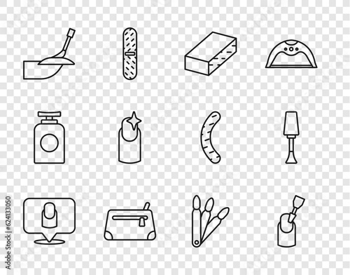 Set line Manicure, Milling cutter for manicure, Nail file, Cosmetic bag, False nails and polish icon. Vector