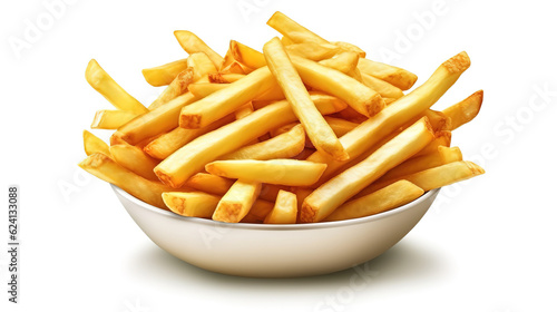 Falling french fries, potato fry isolated on white background. Generative Ai