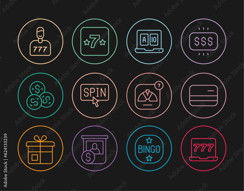 Set line Laptop and slot machine, Credit card, Online poker table game, Slot spin button, Casino chip with dollar, Lucky player, wheel and icon. Vector