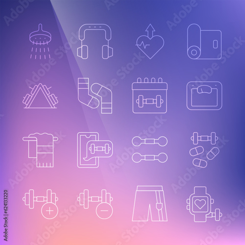 Set line Smart watch with heart, Sports doping dumbbell, Bathroom scales, Heartbeat increase, Socks, Metal rack weight, Shower and Calendar fitness icon. Vector