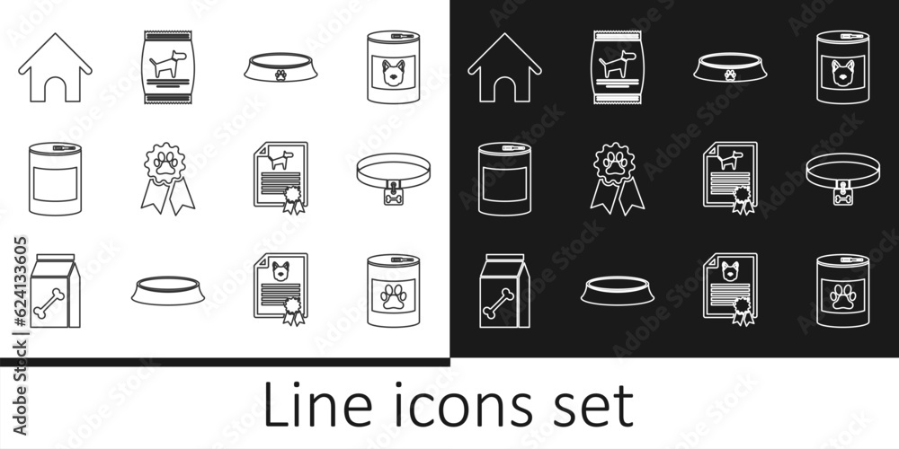 Set line Canned food, Dog collar, Pet bowl, award symbol, house, Certificate for dog or cat and Bag of icon. Vector