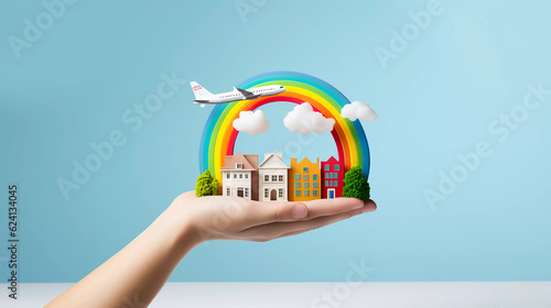 Happy holidays, time to relax, travel or Creative design world environment day, Green ecology concept, earth day, human hand holding a small world and rainbow. Generative ai.