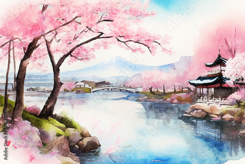 A serene watercolor landscape illustration capturing a picturesque sakura blossom garden in full bloom © Ekaterina