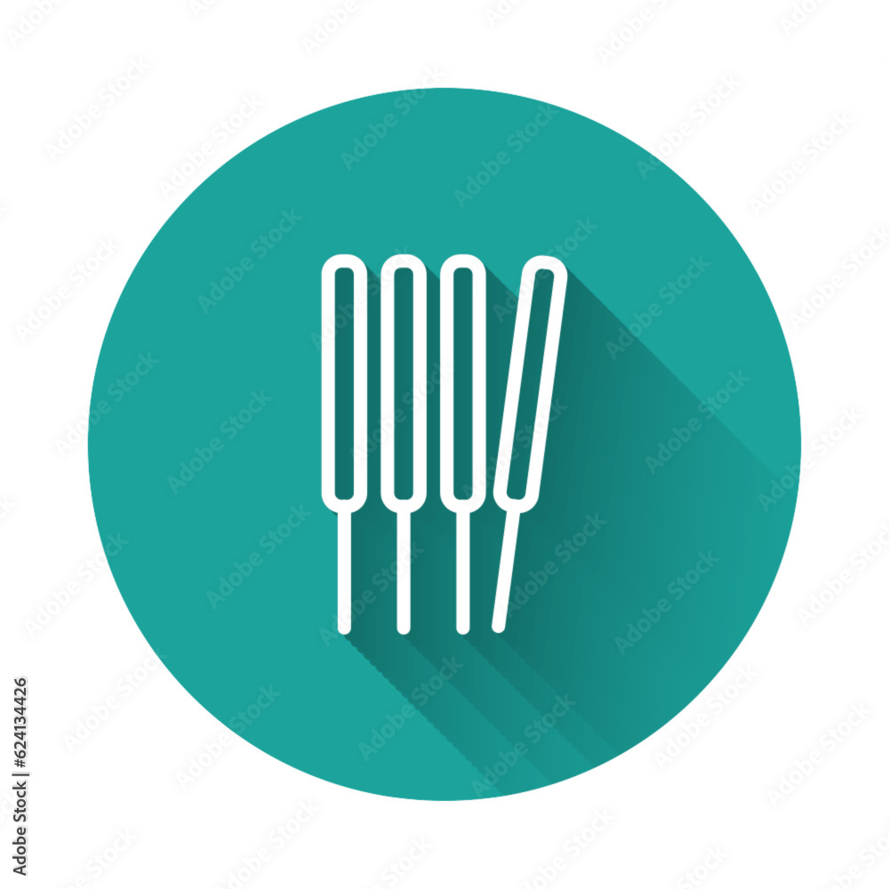 White line Aroma sticks, incense, aromas icon isolated with long shadow. Green circle button. Vector White line Aroma sticks, incense, aromas icon isolated with long shadow. Green circle button. Vector