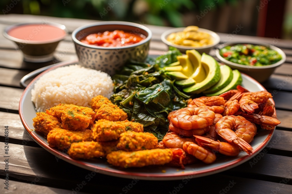 Fototapeta premium A Colorful Plate of Acarajé: A Taste of Brazilian Street Food Created with Generative AI
