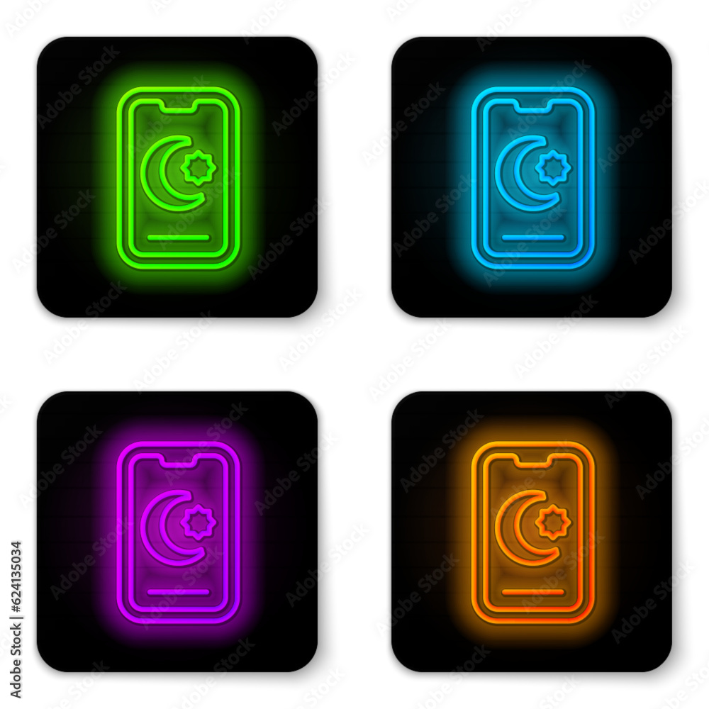 Glowing neon line Star and crescent - symbol of Islam icon isolated on white background. Religion symbol. Black square button. Vector Glowing neon line Star and crescent - symbol of Islam icon isolated on white background. Religion symbol. Black square button. Vector