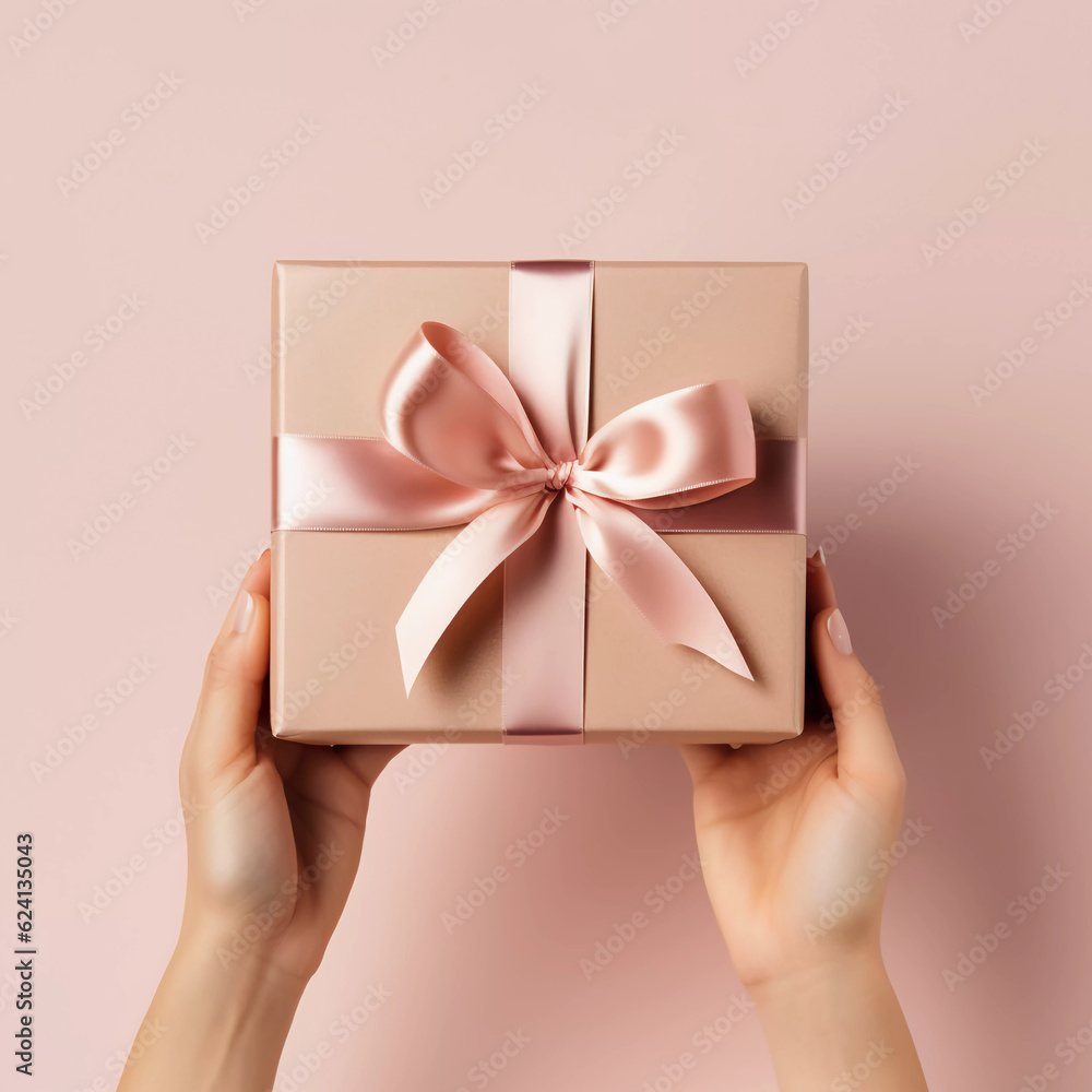 Holiday minimal background with hands holding gift boxes. Birthday, Anniversary, Christmas Day and New Year concepts. happiness moment, Generative AI. Holiday minimal background with hands holding gift boxes. Birthday, Anniversary, Christmas Day and New Year concepts. happiness moment, Generative AI.
