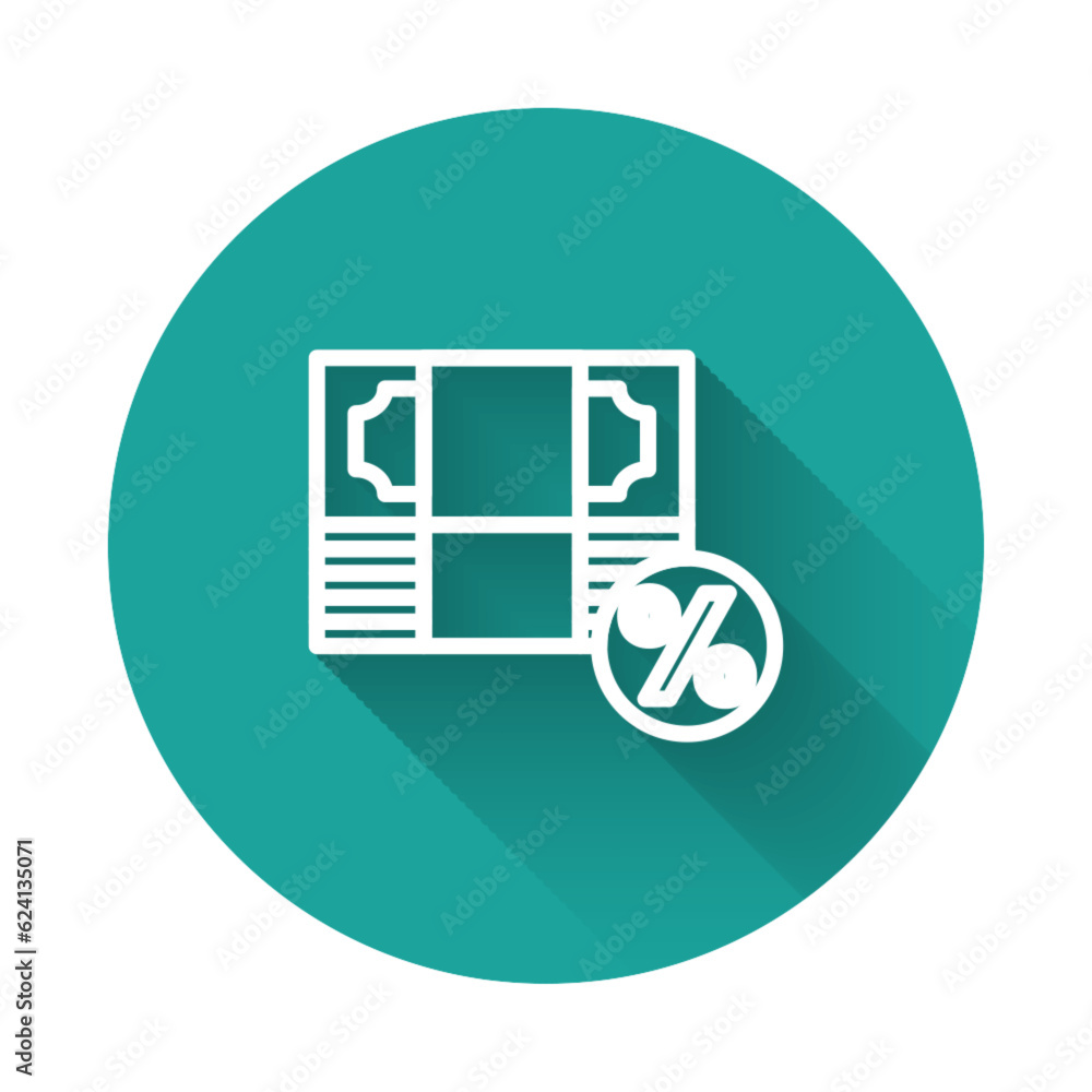 White line Money percent icon isolated with long shadow background. Percent loyalty wallet sign. Green circle button. Vector White line Money percent icon isolated with long shadow background. Percent loyalty wallet sign. Green circle button. Vector