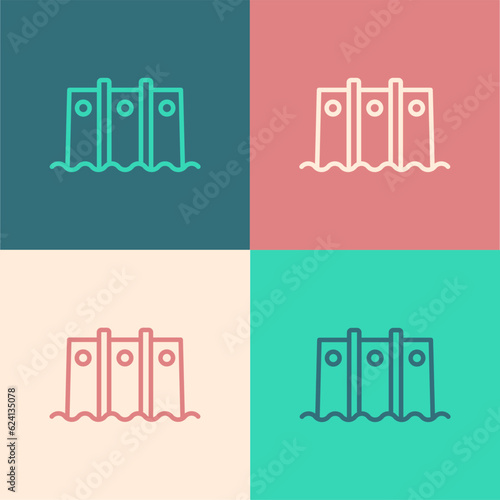 Pop art line Hydroelectric dam icon isolated on color background. Water energy plant. Hydropower. Hydroelectricity. Vector