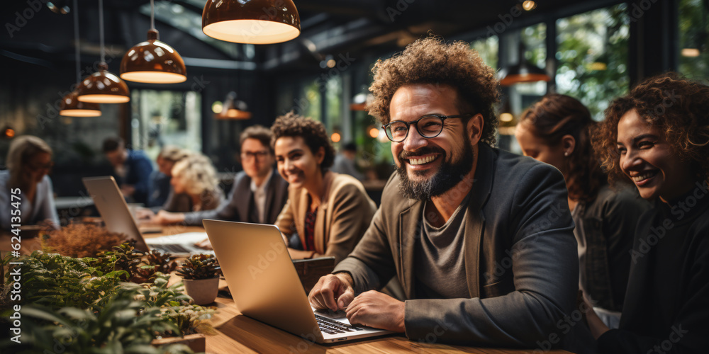 Attractive african young confident businessman sitting at the office table with group of colleagues in the background