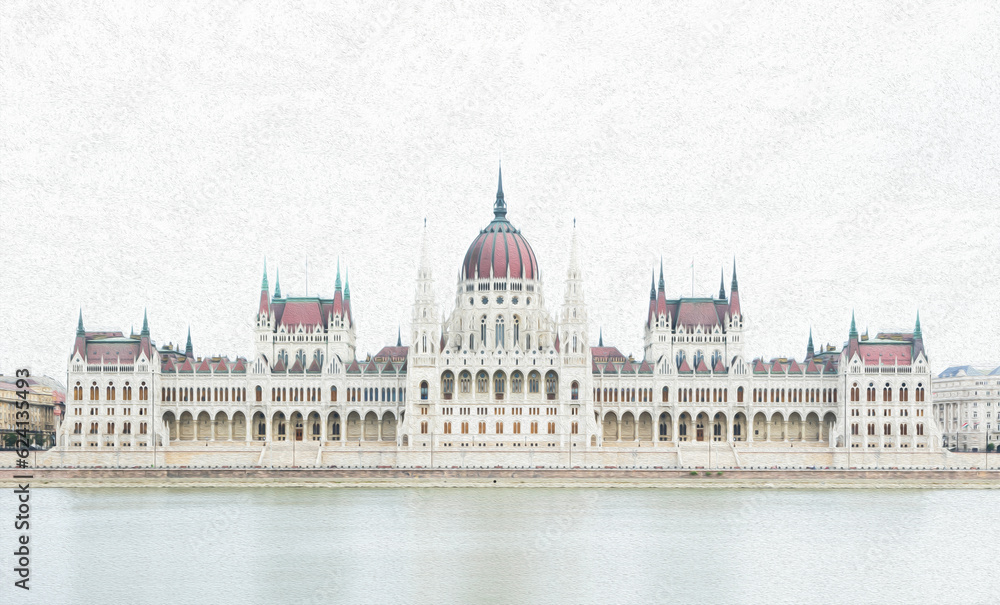 Fototapeta premium Color painting of he Hungarian Parliament Building in Budapest, Hungary, on the Danube river. With pure white background