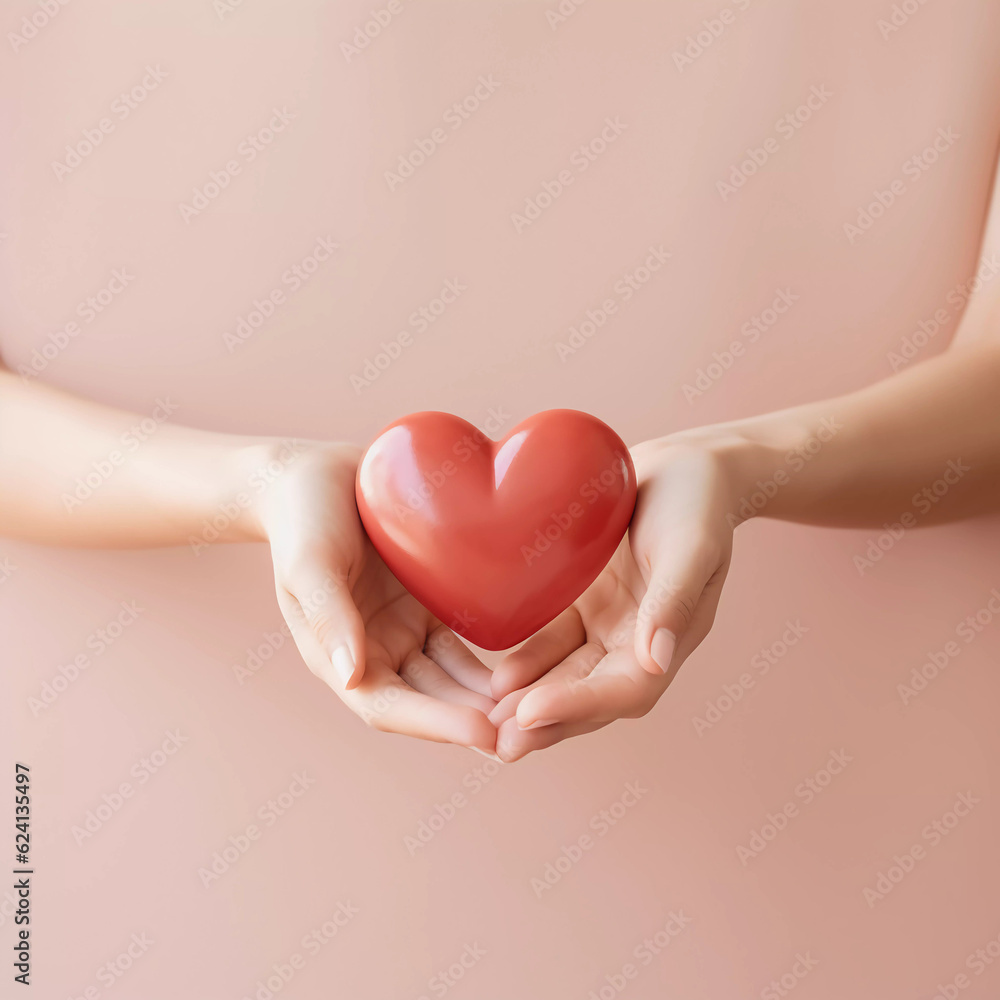 Woman hands holding red heart, Happiness moment, Health care, donate and family insurance concept, World heart day, world health day, Hope, Gratitude, Kindness, Valentine's Day. Generative AI. - obrazy, fototapety, plakaty 