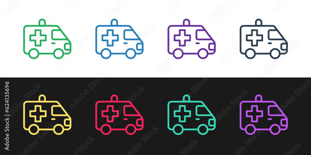 Set line Ambulance and emergency car icon isolated on black and white background. Ambulance vehicle medical evacuation. Vector Set line Ambulance and emergency car icon isolated on black and white background. Ambulance vehicle medical evacuation. Vector