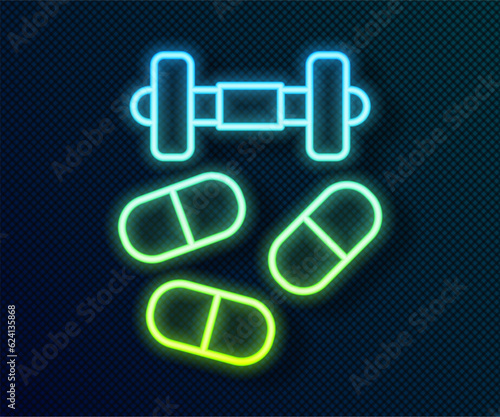 Glowing neon line Sports doping, anabolic drugs with dumbbell icon isolated on black background. Anabolic steroids tablet. Pills in jar. Vector