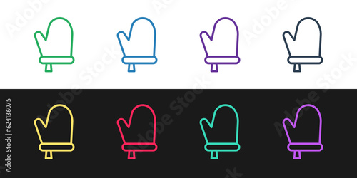 Set line Oven glove icon isolated on black and white background. Kitchen potholder sign. Cooking glove. Vector